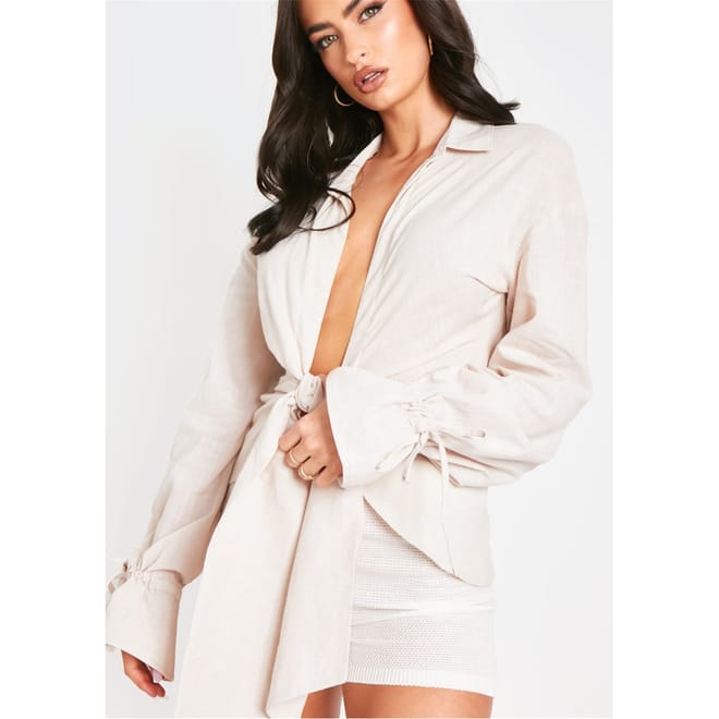 Beige Linen Tie FronT-Shirt