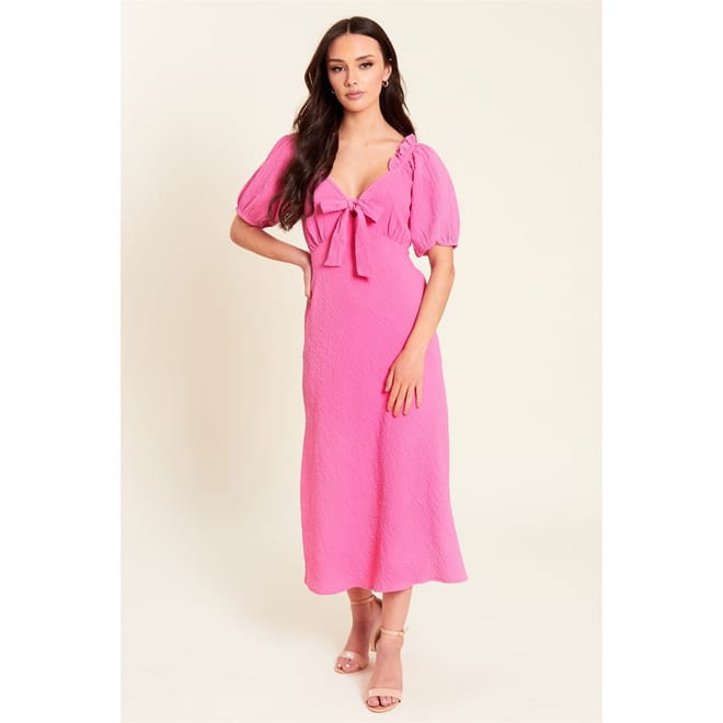 Tie Front Scoop Neck Midi A-Line Dress