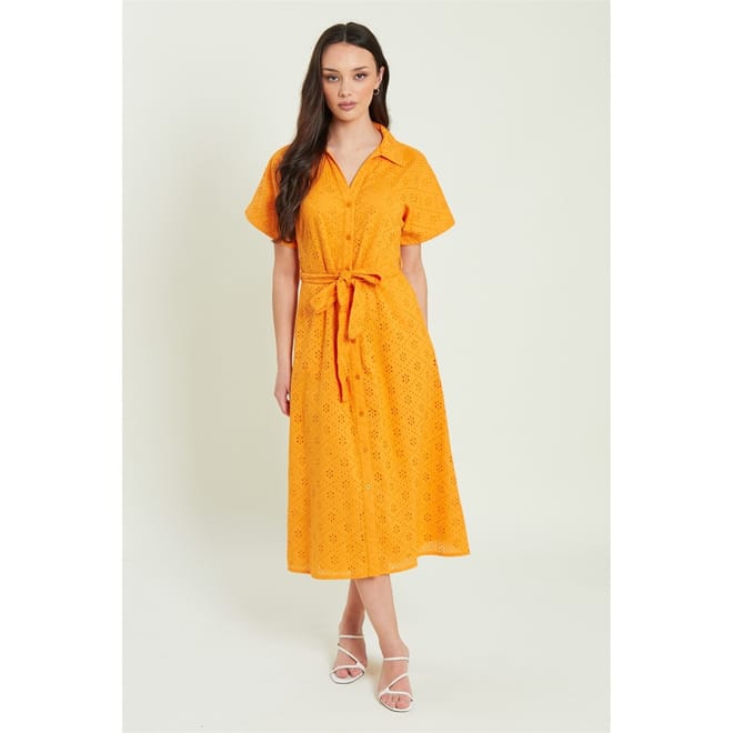 Broderie Collared Neck Midi Dress