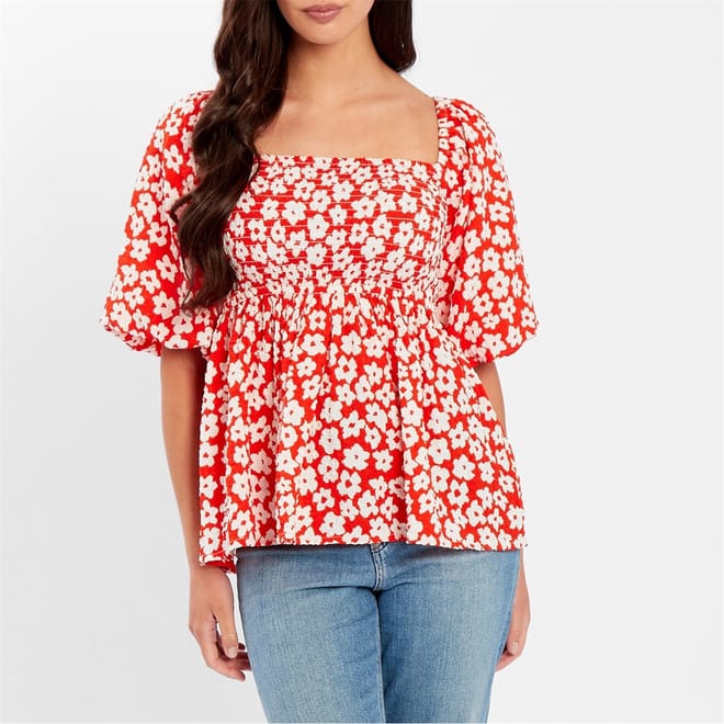 Waffle Square Neck Short Sleeve Blouse