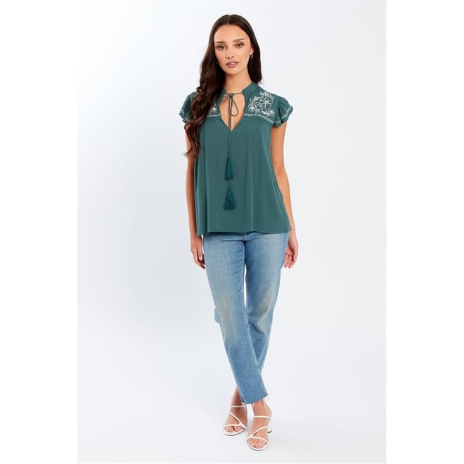 V-Neck Relaxed Fit Embroidered Blouse