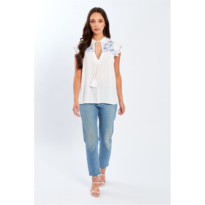 Embroidered Keyhole Neck Relaxed Fit Blouse